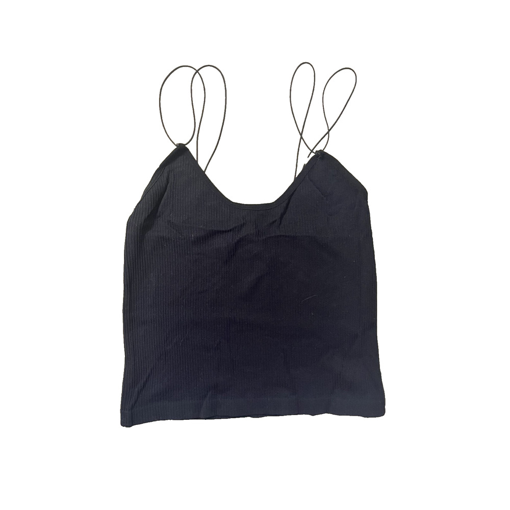Women's No Comment Size Small Black Spaghetti Strap Cropped Tank Top V Neck